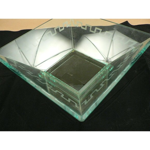 Bowl Glass Square Studio Silversmiths Etched Roman Design Border Green - Picture 8 of 9